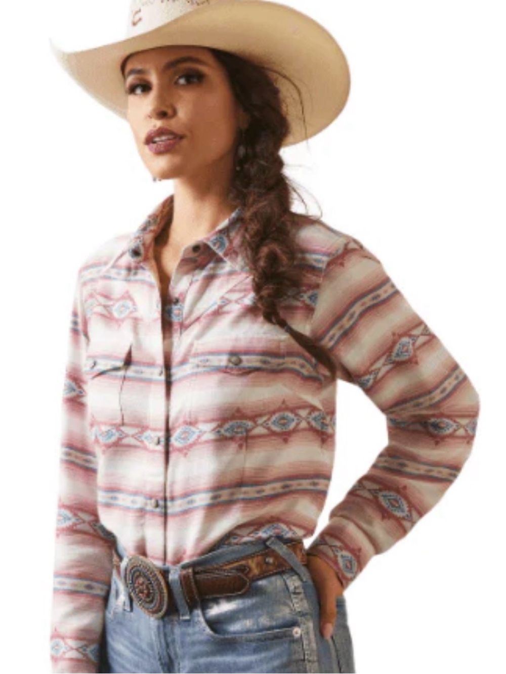Ariat Striped Aztec Print Button-Down Shirt in Pink and Blue